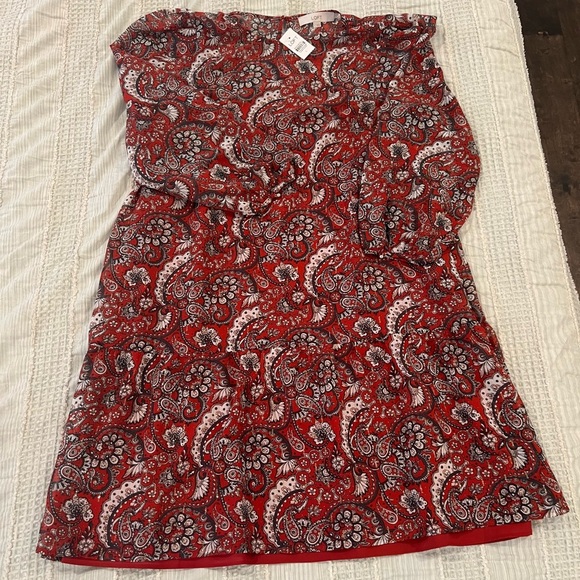 Loft Red Paisley Shimmer Flounce Dress NWT | Size Large - Picture 2 of 6